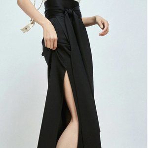 Black Wrap Satin Midi Skirt - XS